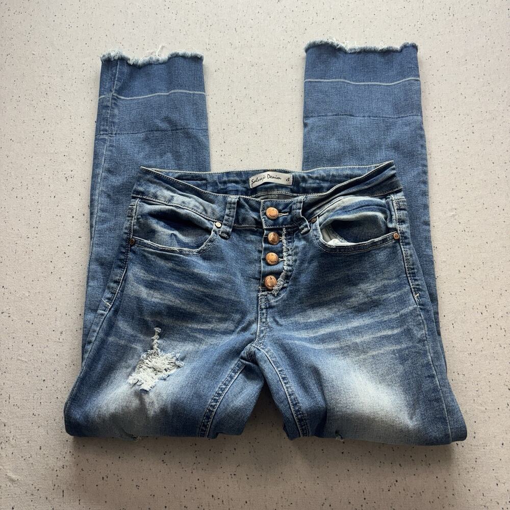 Salvaje Denim Jeans Womens Size 5 Blue Distressed Raw Hem Button Fly Skinny